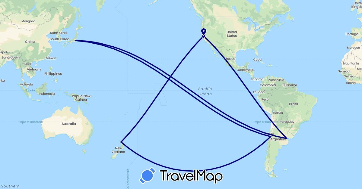 TravelMap itinerary: driving in Argentina, Chile, Japan, New Zealand, United States (Asia, North America, Oceania, South America)